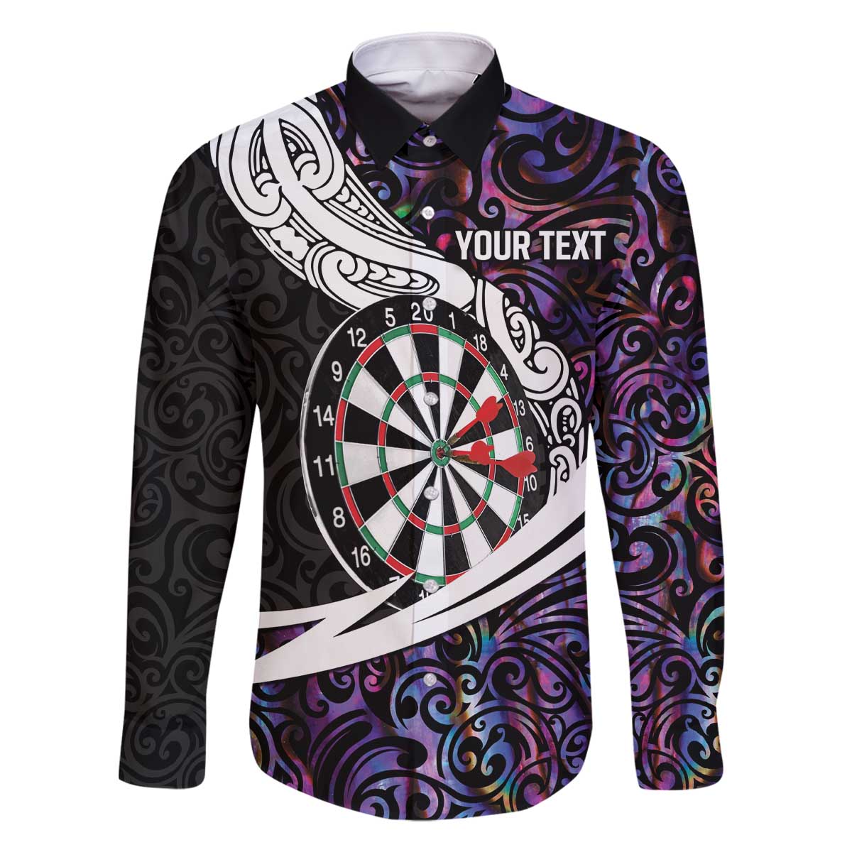 Personalized NZ Darts Family Matching Off The Shoulder Long Sleeve Dress and Hawaiian Shirt Paua Shell Maori Koru Whakairo - Purple LT7 Dad's Shirt - Long Sleeve Purple - Polynesian Pride