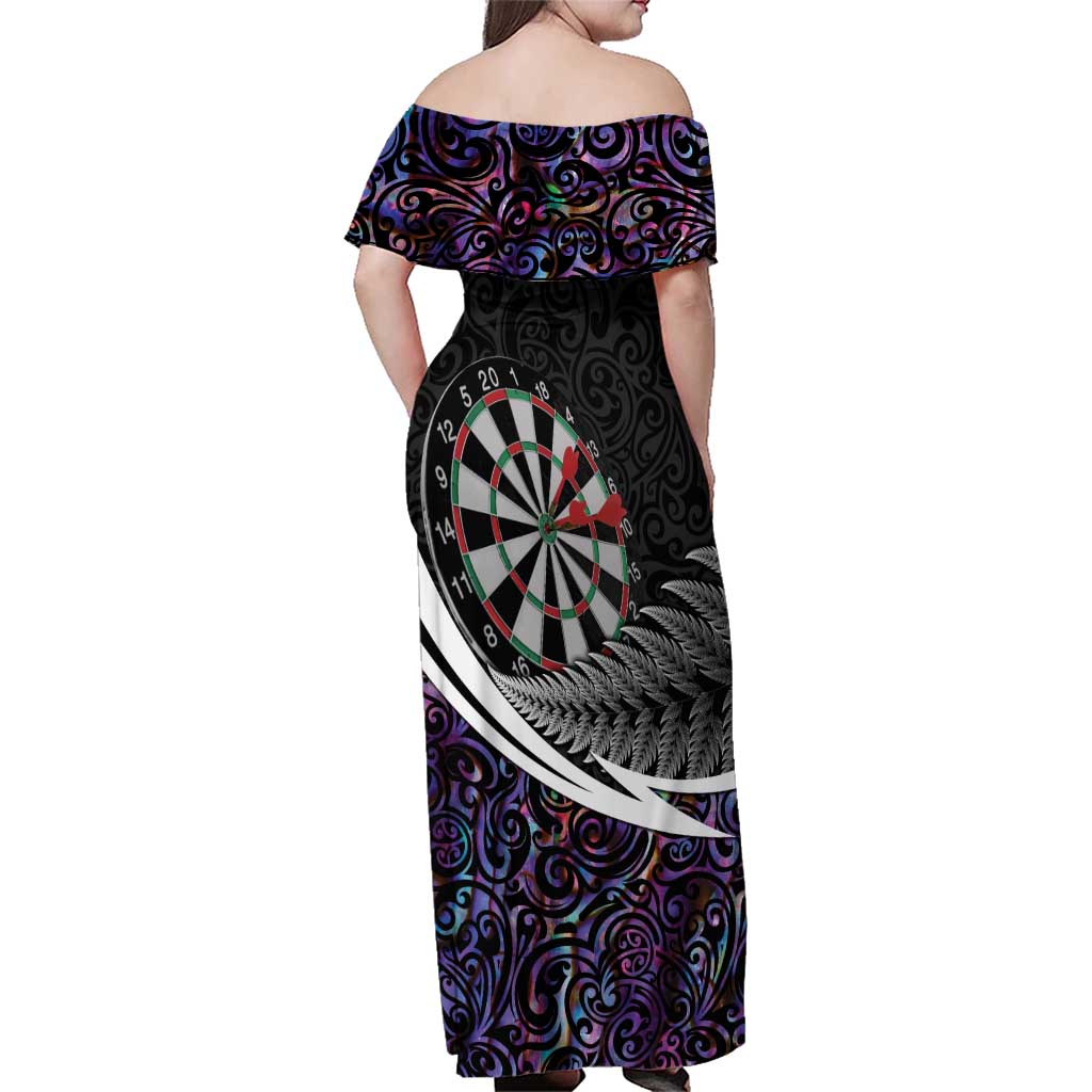 Personalized NZ Darts Family Matching Off Shoulder Maxi Dress and Hawaiian Shirt Paua Shell Maori Koru Whakairo - Purple - Polynesian Pride