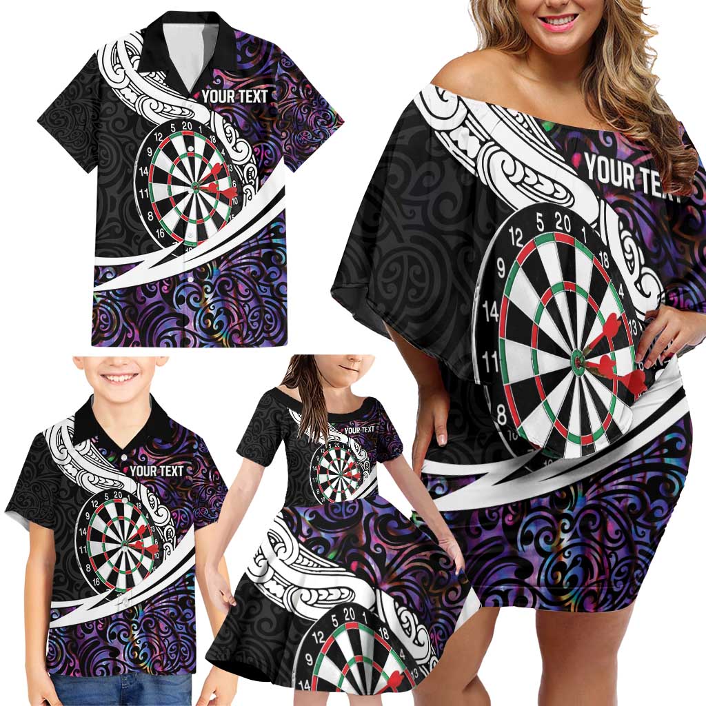 Personalized NZ Darts Family Matching Off Shoulder Short Dress and Hawaiian Shirt Paua Shell Maori Koru Whakairo - Purple - Polynesian Pride