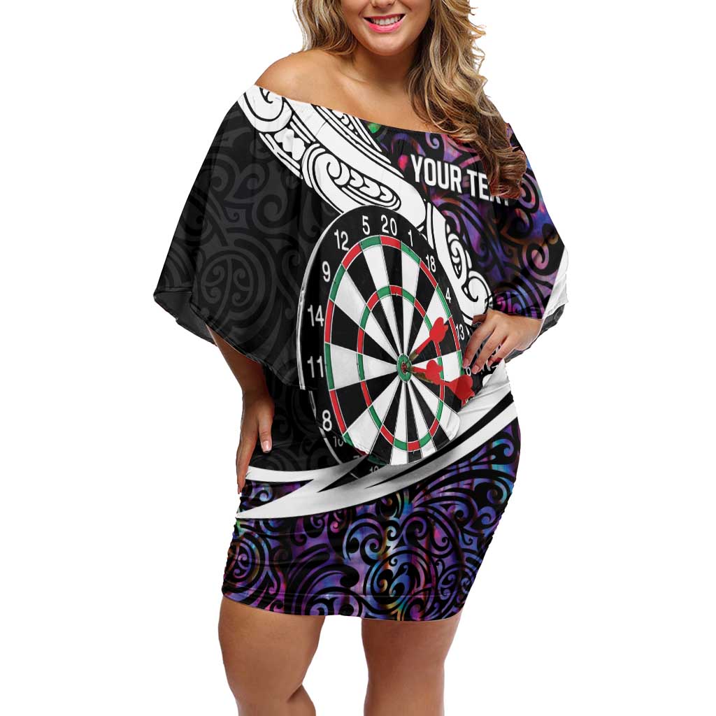 Personalized NZ Darts Family Matching Off Shoulder Short Dress and Hawaiian Shirt Paua Shell Maori Koru Whakairo - Purple - Polynesian Pride