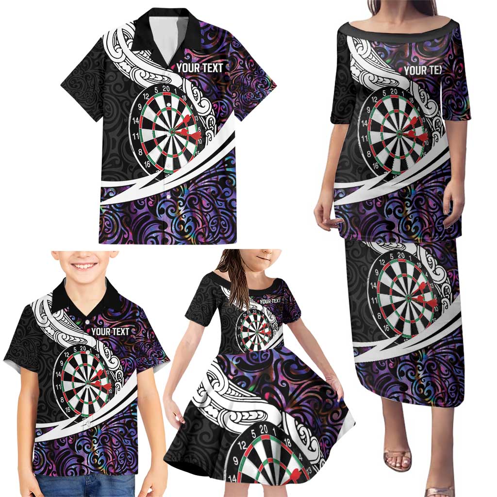 Personalized NZ Darts Family Matching Puletasi and Hawaiian Shirt Paua Shell Maori Koru Whakairo - Purple - Polynesian Pride