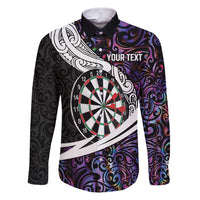 Personalized NZ Darts Family Matching Puletasi and Hawaiian Shirt Paua Shell Maori Koru Whakairo - Purple LT7 Dad's Shirt - Long Sleeve Purple - Polynesian Pride