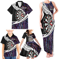 Personalized NZ Darts Family Matching Tank Maxi Dress and Hawaiian Shirt Paua Shell Maori Koru Whakairo - Purple - Polynesian Pride