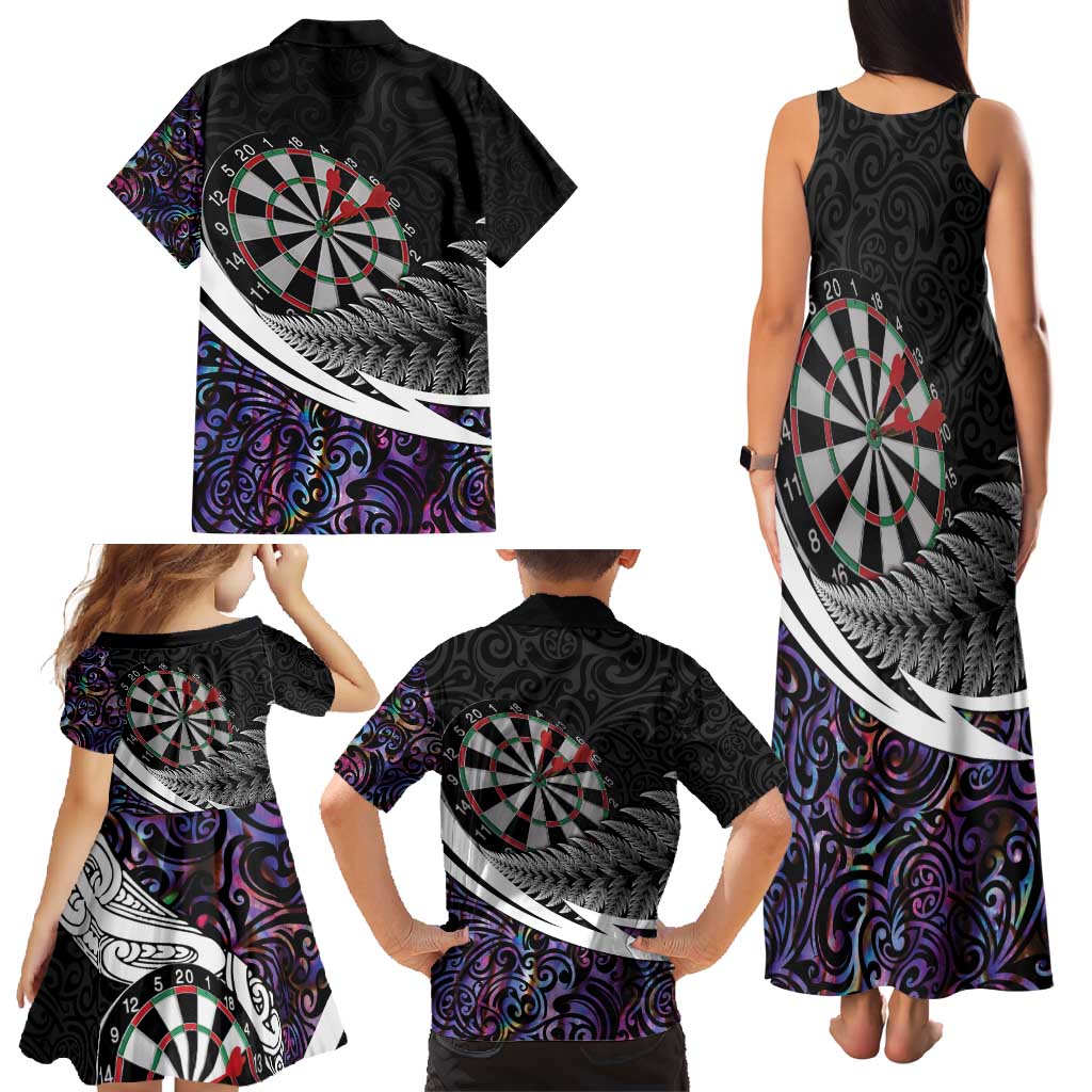 Personalized NZ Darts Family Matching Tank Maxi Dress and Hawaiian Shirt Paua Shell Maori Koru Whakairo - Purple - Polynesian Pride
