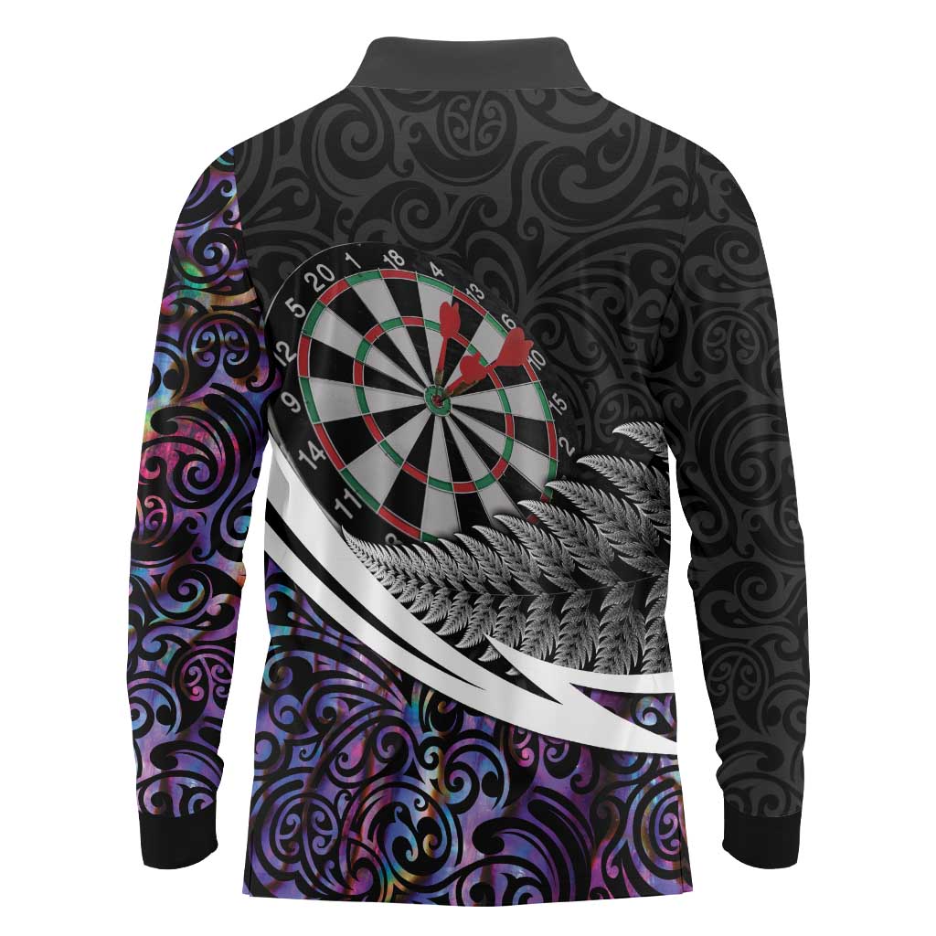 Personalized NZ Darts Long Sleeve Polo Shirt Paua Shell Maori Koru Whakairo - Purple - Polynesian Pride