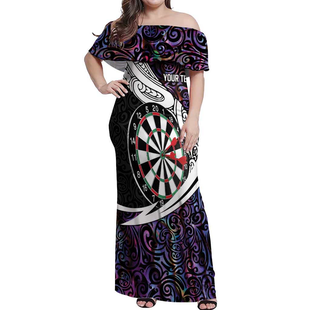 Personalized NZ Darts Off Shoulder Maxi Dress Paua Shell Maori Koru Whakairo - Purple - Polynesian Pride