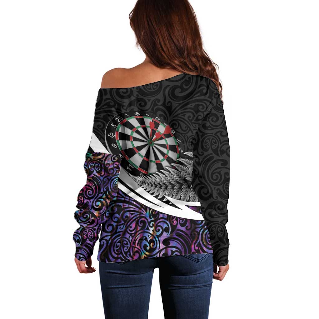 Personalized NZ Darts Off Shoulder Sweater Paua Shell Maori Koru Whakairo - Purple - Polynesian Pride