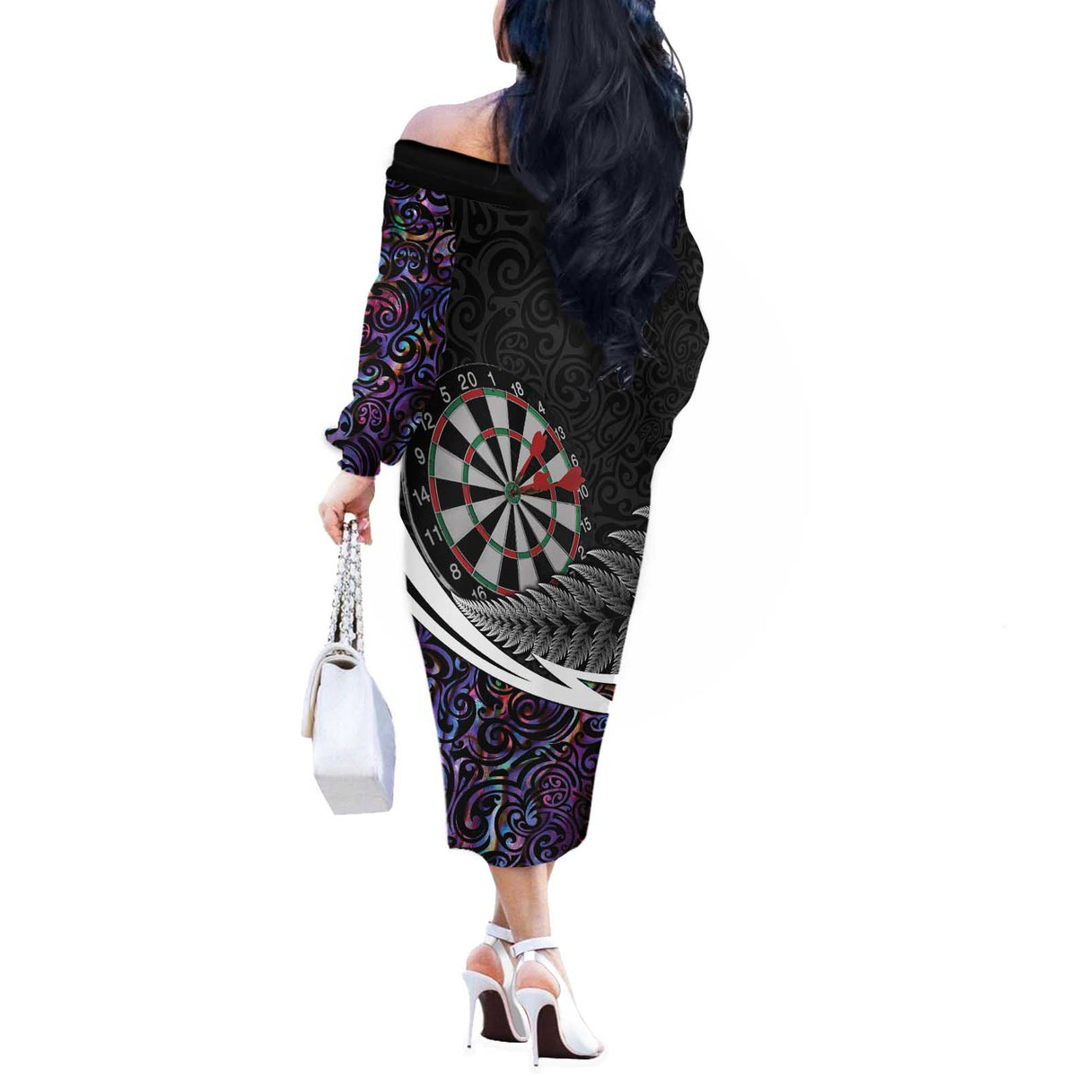 Personalized NZ Darts Off The Shoulder Long Sleeve Dress Paua Shell Maori Koru Whakairo - Purple - Polynesian Pride