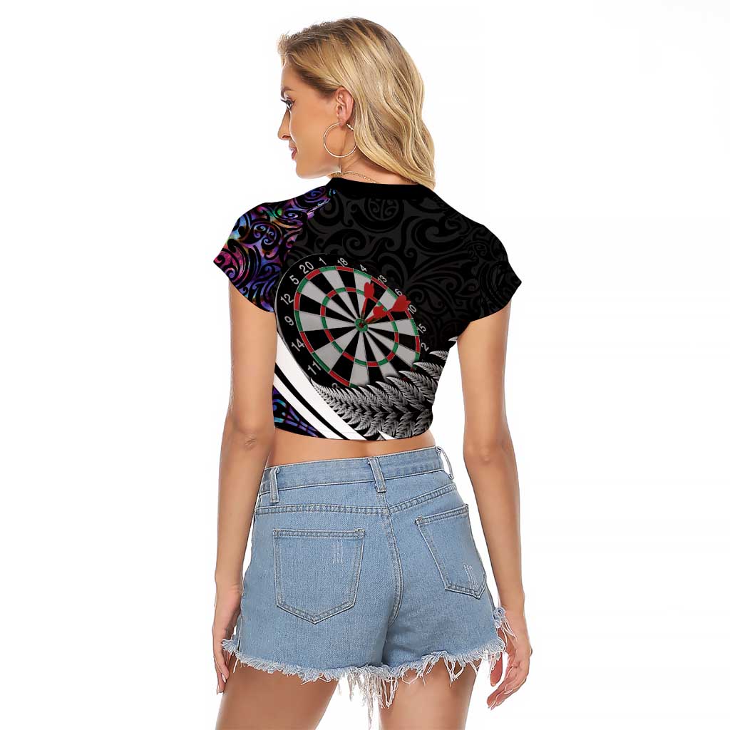 Personalized NZ Darts Raglan Cropped T Shirt Paua Shell Maori Koru Whakairo - Purple LT7 - Polynesian Pride