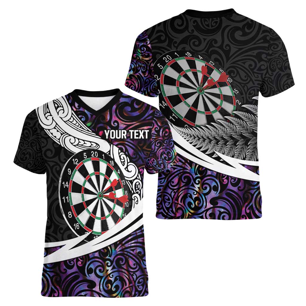 Personalized NZ Darts Women V-Neck T-Shirt Paua Shell Maori Koru Whakairo - Purple LT7 - Polynesian Pride