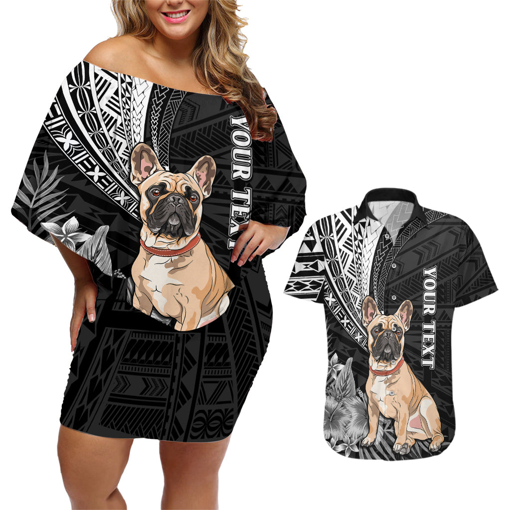 Personalised Polynesian Couples Matching Off Shoulder Short Dress and Hawaiian Shirt Bulldog With Polynesian Patterns LT7 Black - Polynesian Pride