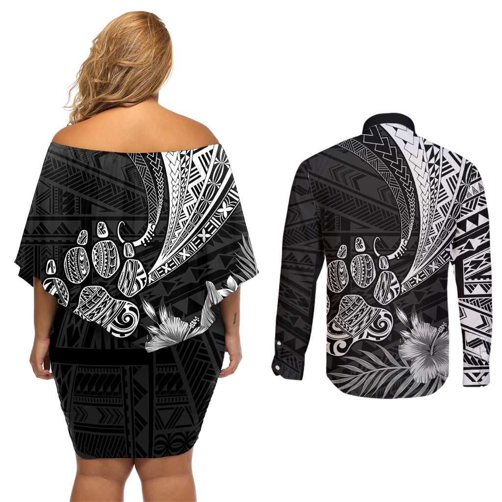 Personalised Polynesian Couples Matching Off Shoulder Short Dress and Long Sleeve Button Shirts Bulldog With Polynesian Patterns LT7 - Polynesian Pride
