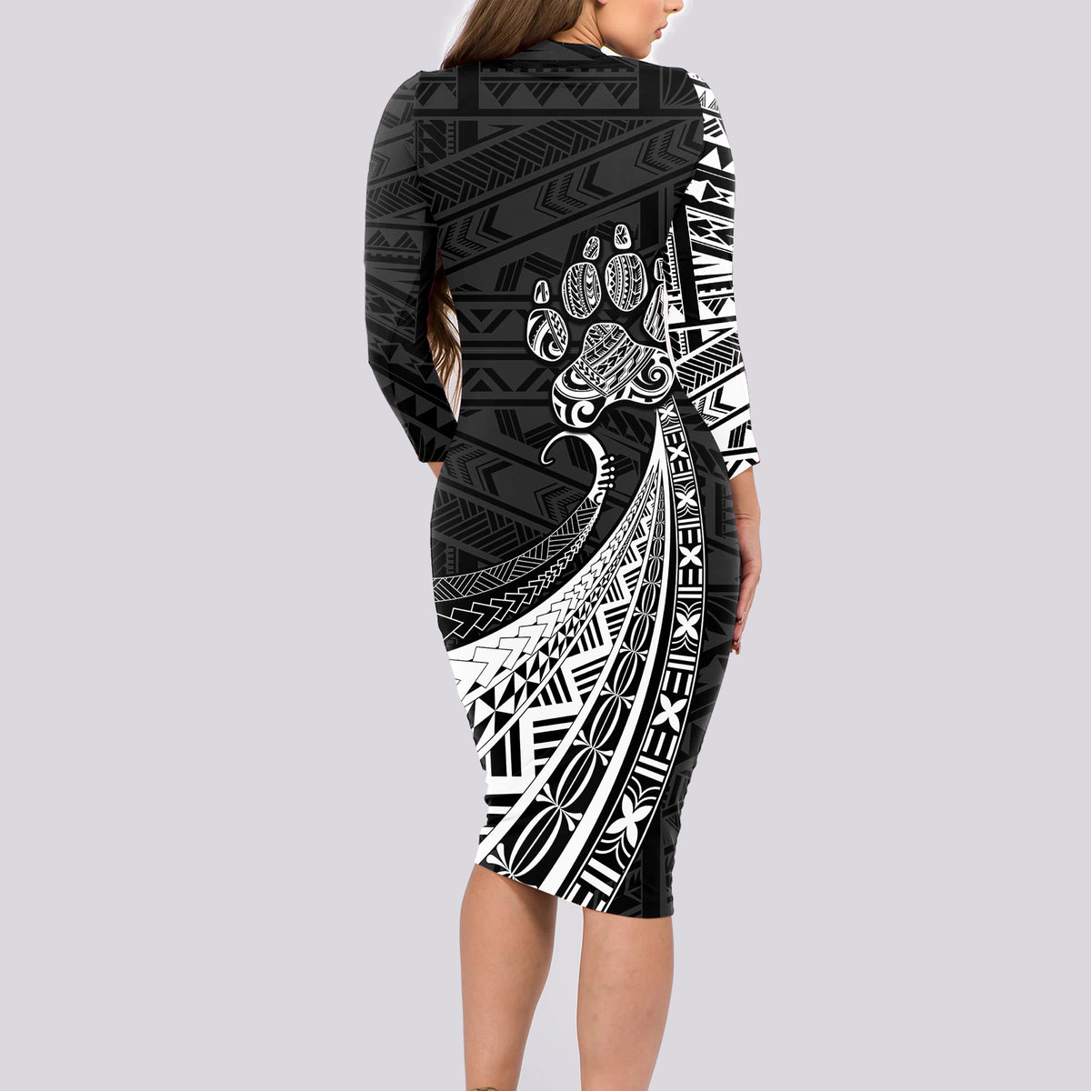 Personalised Polynesian Long Sleeve Bodycon Dress Bulldog With Polynesian Patterns LT7 - Polynesian Pride