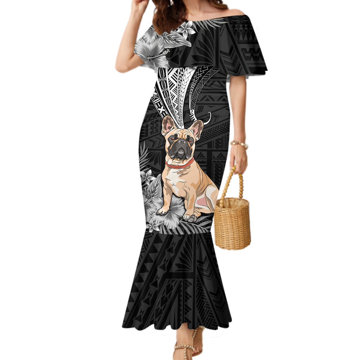 Personalised Polynesian Mermaid Dress Bulldog With Polynesian Patterns LT7 Women Black - Polynesian Pride