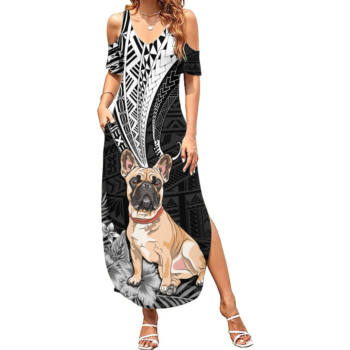 Personalised Polynesian Summer Maxi Dress Bulldog With Polynesian Patterns LT7 Women Black - Polynesian Pride