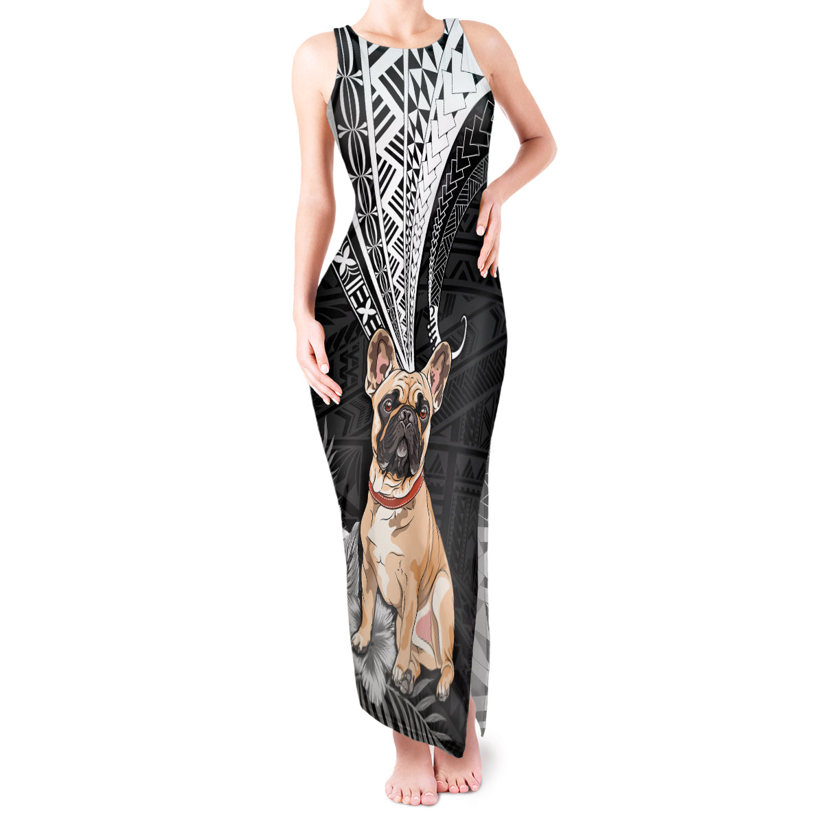 Personalised Polynesian Tank Maxi Dress Bulldog With Polynesian Patterns LT7 Women Black - Polynesian Pride