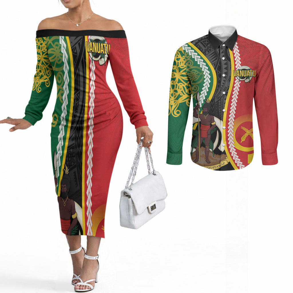 Ni-Vanuatu Indipendens Dei Celebretem Couples Matching Off The Shoulder Long Sleeve Dress and Long Sleeve Button Shirt Yumi Yumi Yumi