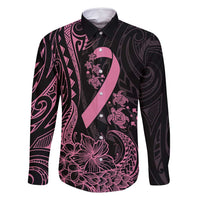 Polynesian Pink Power Family Matching Long Sleeve Bodycon Dress and Hawaiian Shirt Breast Cancer Ribbon Turtle and Flowers