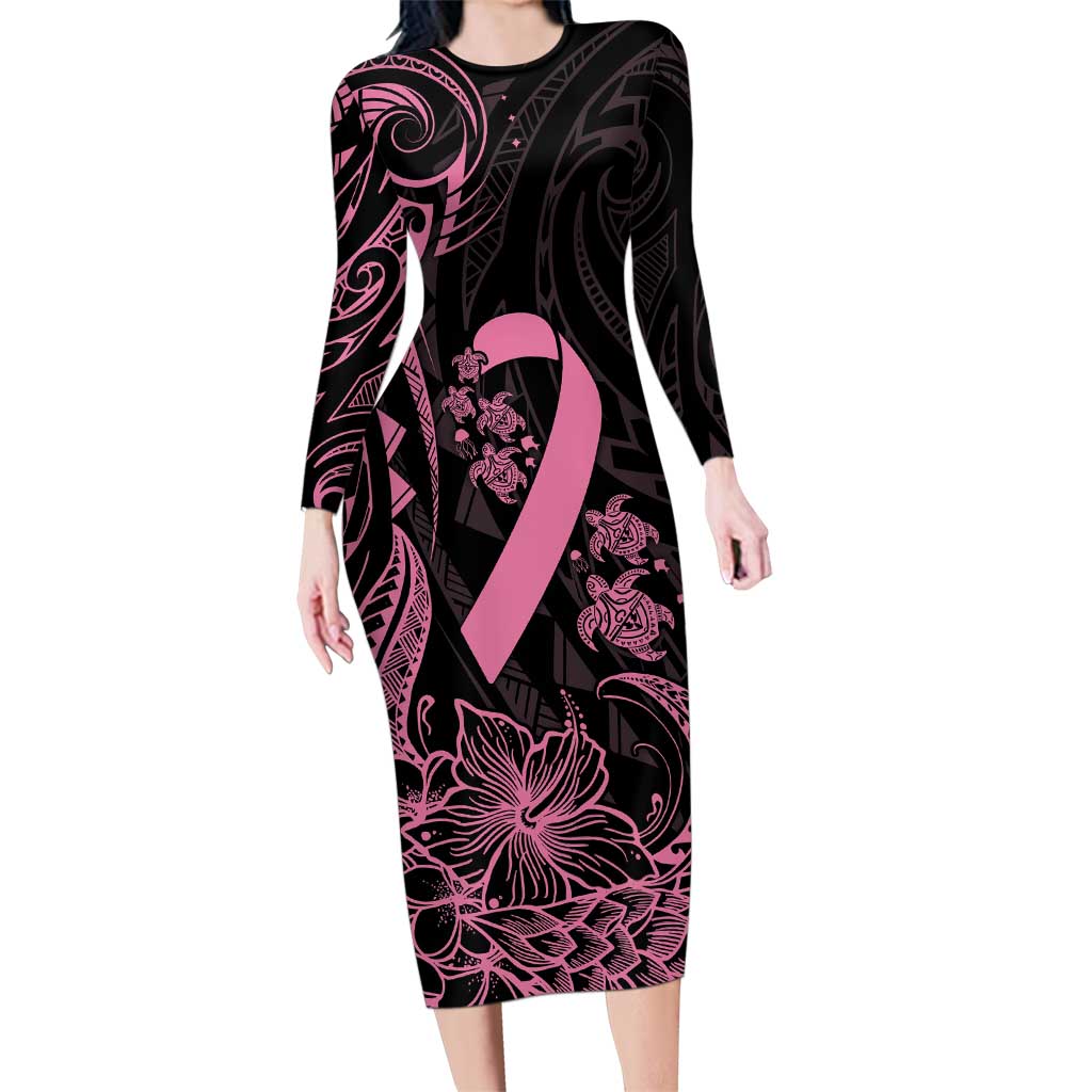 Polynesian Pink Power Family Matching Long Sleeve Bodycon Dress and Hawaiian Shirt Breast Cancer Ribbon Turtle and Flowers