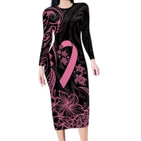 Polynesian Pink Power Family Matching Long Sleeve Bodycon Dress and Hawaiian Shirt Breast Cancer Ribbon Turtle and Flowers
