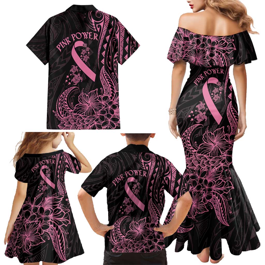 Polynesian Pink Power Family Matching Mermaid Dress and Hawaiian Shirt Breast Cancer Ribbon Turtle and Flowers