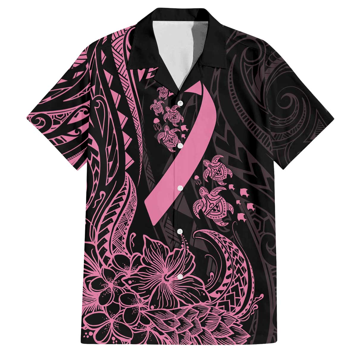 Polynesian Pink Power Family Matching Off The Shoulder Long Sleeve Dress and Hawaiian Shirt Breast Cancer Ribbon Turtle and Flowers