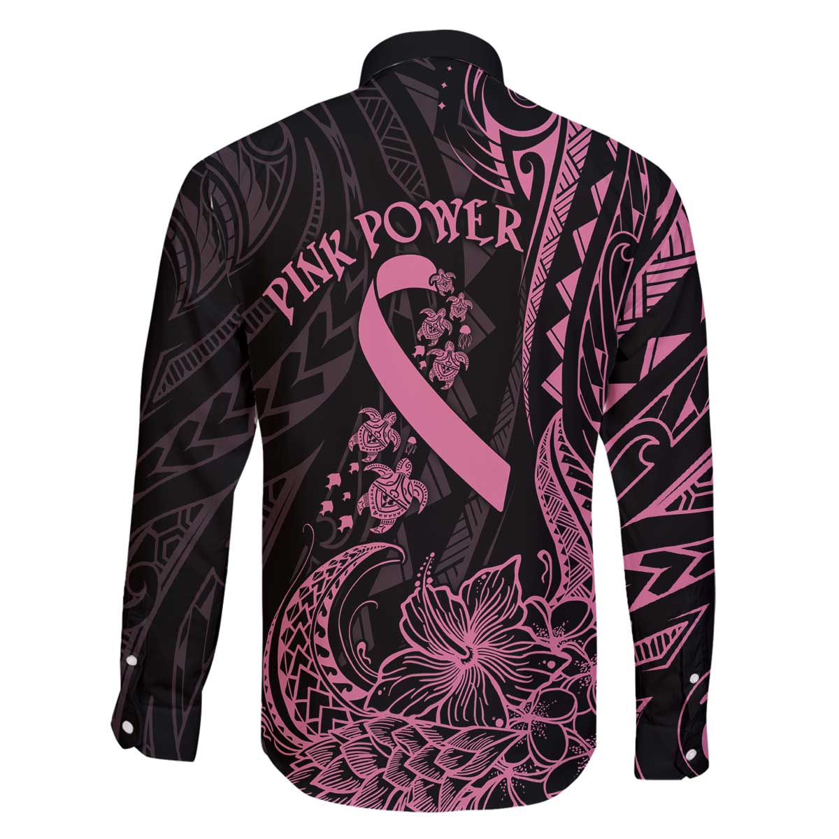 Polynesian Pink Power Family Matching Off Shoulder Short Dress and Hawaiian Shirt Breast Cancer Ribbon Turtle and Flowers