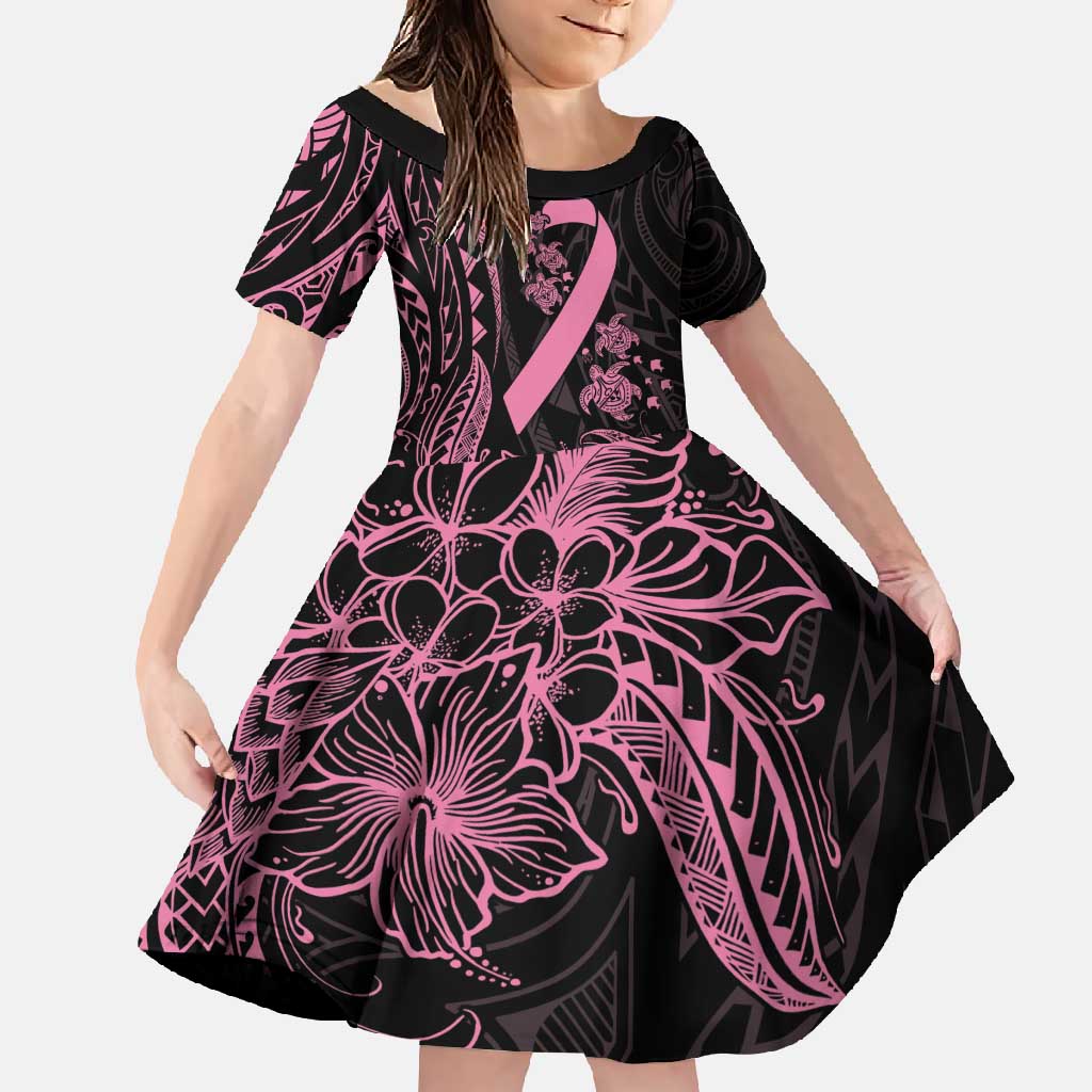 Polynesian Pink Power Family Matching Short Sleeve Bodycon Dress and Hawaiian Shirt Breast Cancer Ribbon Turtle and Flowers LT7 Daughter's Dress Pink - Polynesian Pride