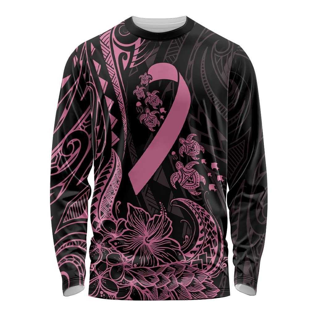 Polynesian Pink Power Long Sleeve Shirt Breast Cancer Ribbon Turtle and Flowers LT7 Unisex Pink - Polynesian Pride
