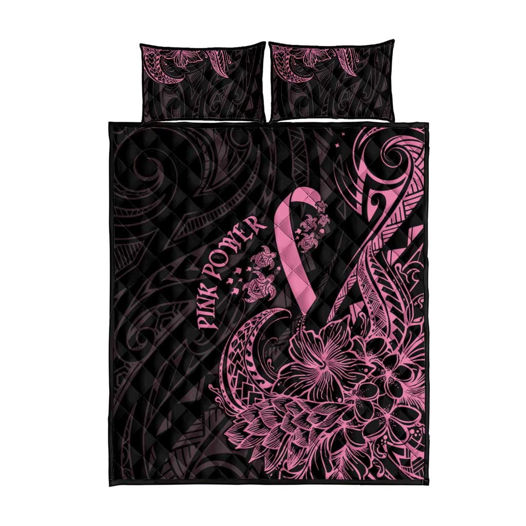 Polynesian Pink Power Quilt Bed Set Breast Cancer Ribbon Turtle and Flowers