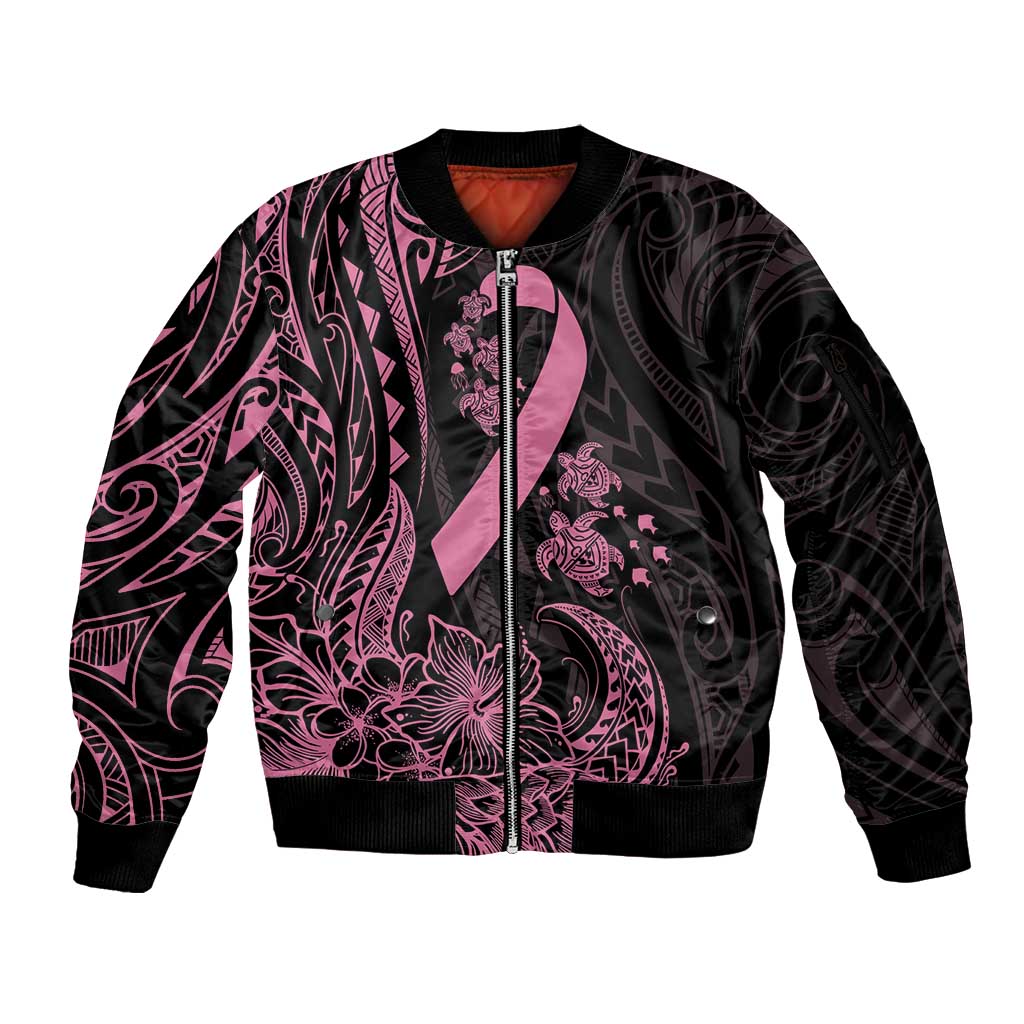 Polynesian Pink Power Sleeve Zip Bomber Jacket Breast Cancer Ribbon Turtle and Flowers LT7 Unisex Pink - Polynesian Pride