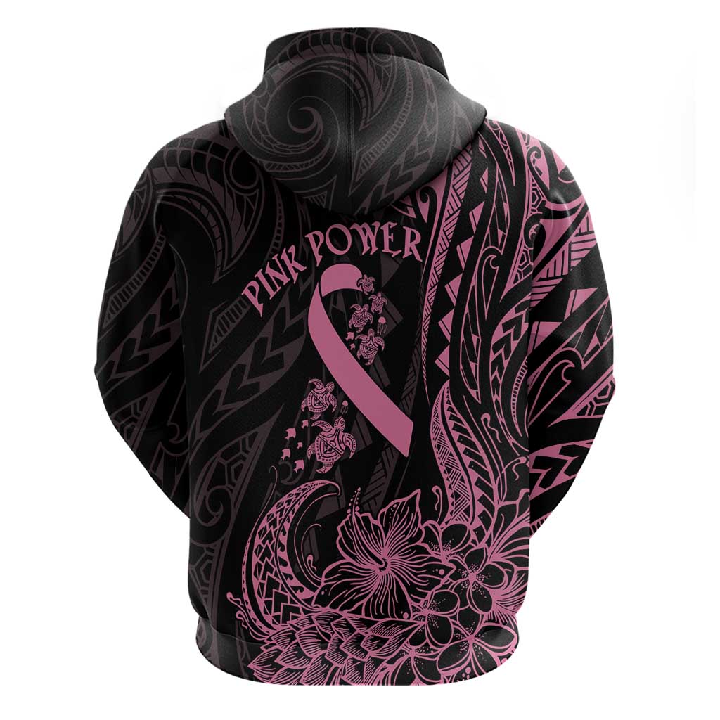 Polynesian Pink Power Zip Hoodie Breast Cancer Ribbon Turtle and Flowers