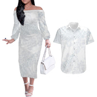 Samoa White Sunday Couples Matching Off The Shoulder Long Sleeve Dress and Hawaiian Shirt Hibiscus Special LT7 White - Polynesian Pride