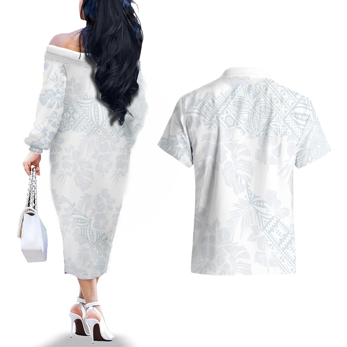Samoa White Sunday Couples Matching Off The Shoulder Long Sleeve Dress and Hawaiian Shirt Hibiscus Special LT7 - Polynesian Pride