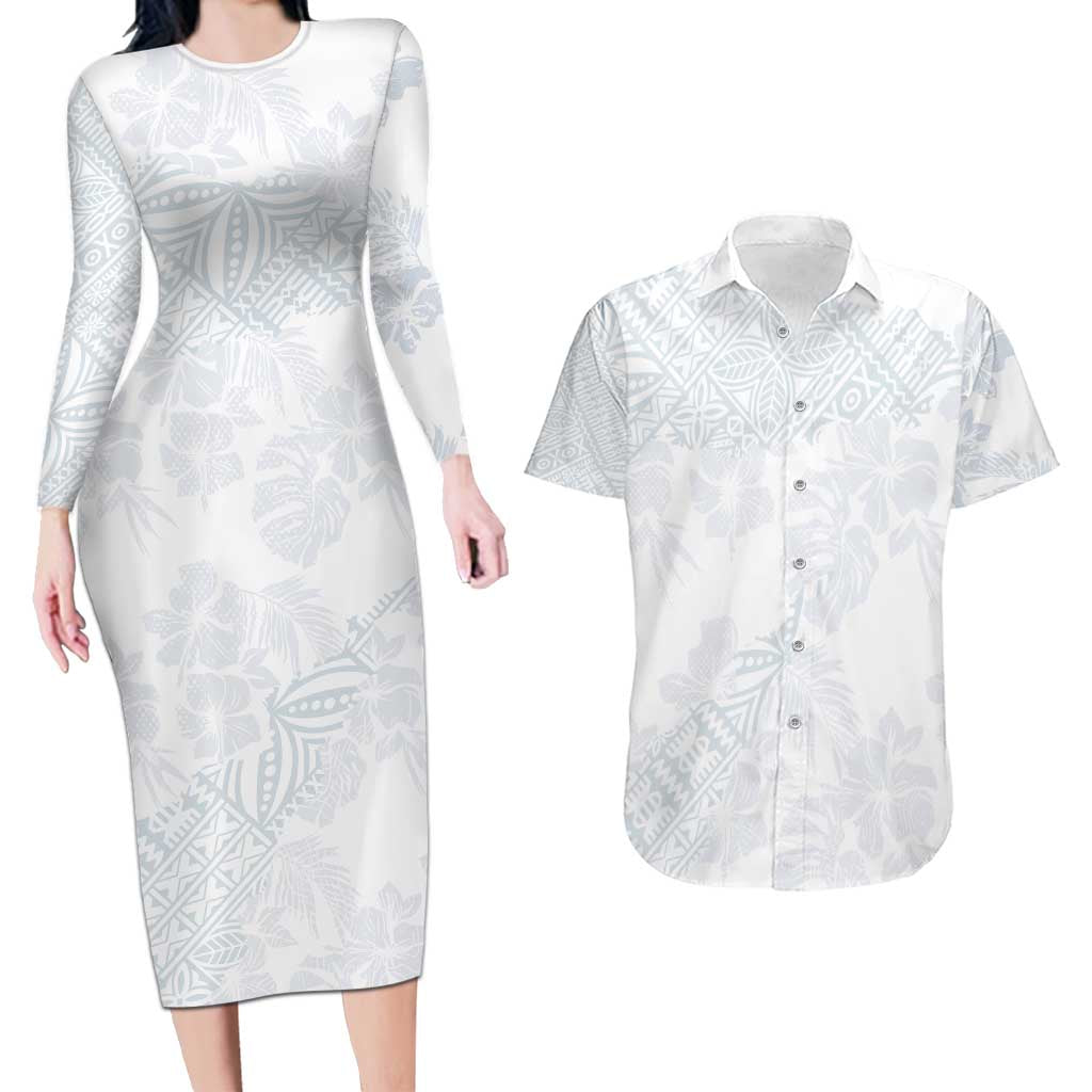 Samoa White Sunday Couples Matching Long Sleeve Bodycon Dress and Hawaiian Shirt Hibiscus Special LT7