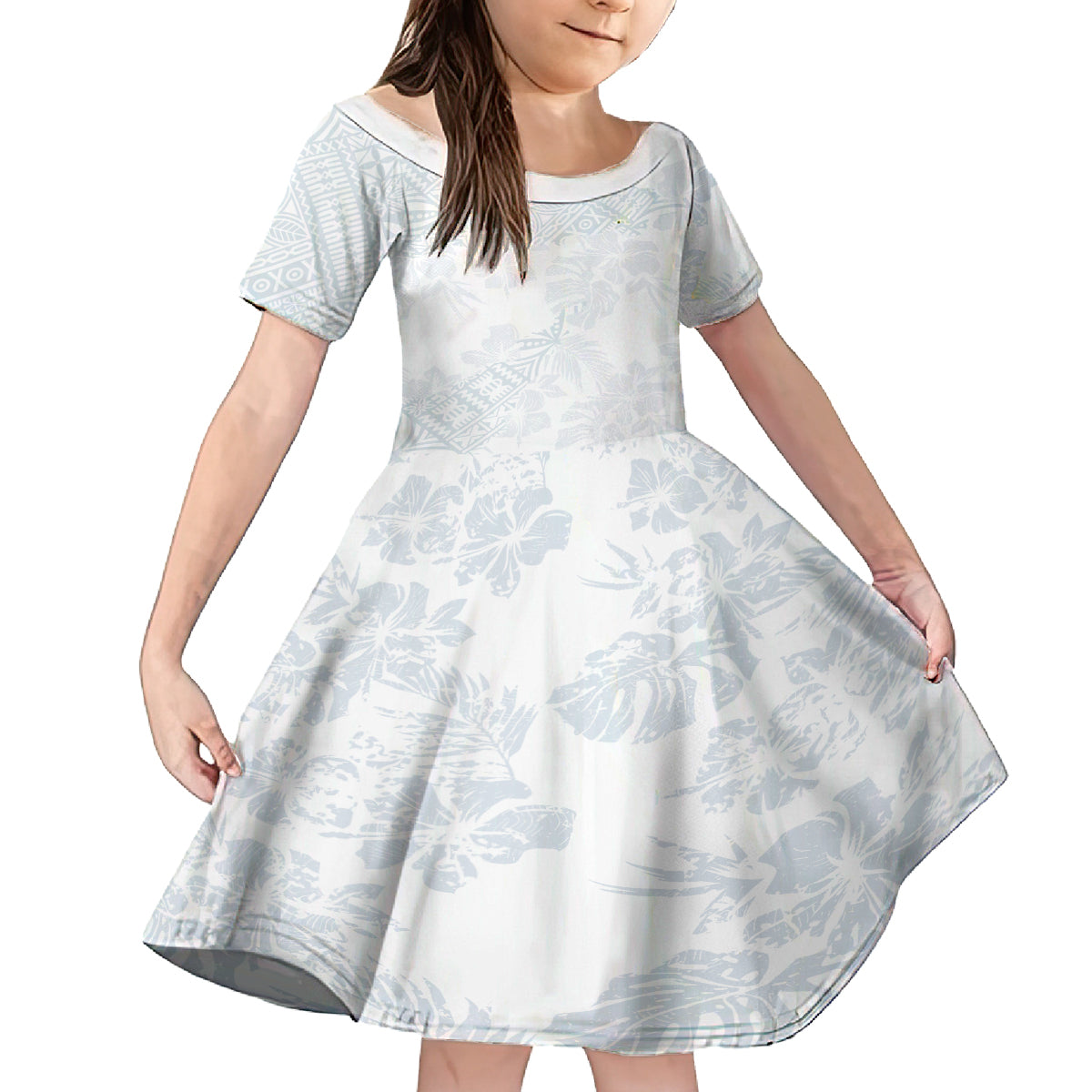 Samoa White Sunday Family Matching Off Shoulder Long Sleeve Dress and Hawaiian Shirt Hibiscus Special LT7 Daughter's Dress White - Polynesian Pride