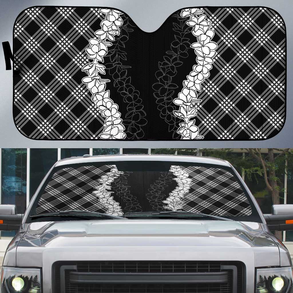 Hawaii Aloha Plumeria Lei Black Palaka Auto Sun Shade - Polynesian Pride