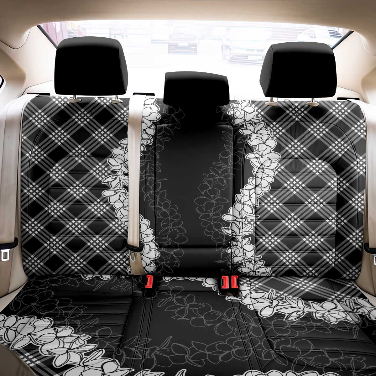 Hawaii Aloha Plumeria Lei Black Palaka Back Car Seat Cover - Polynesian Pride