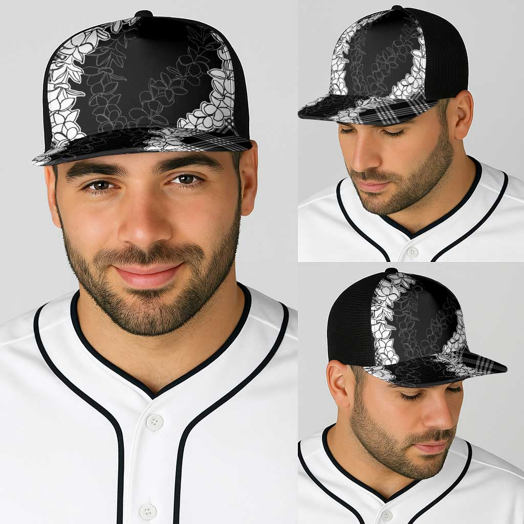 Hawaii Aloha Plumeria Lei Black Palaka Baseball Net Cap - Polynesian Pride