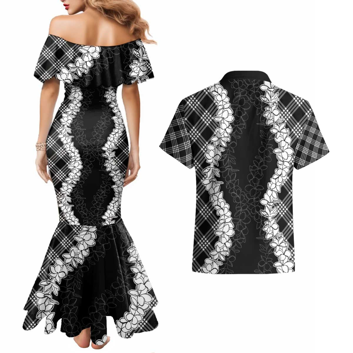 Hawaii Aloha Plumeria Lei Black Palaka Couples Matching Mermaid Dress and Hawaiian Shirt - Polynesian Pride