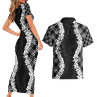 Hawaii Aloha Plumeria Lei Black Palaka Couples Matching Short Sleeve Bodycon Dress and Hawaiian Shirt - Polynesian Pride