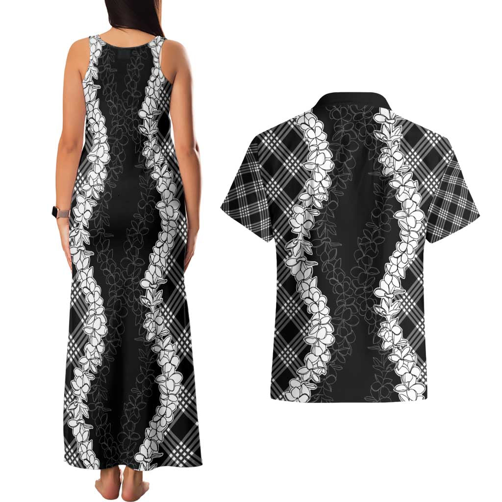 Hawaii Aloha Plumeria Lei Black Palaka Couples Matching Tank Maxi Dress and Hawaiian Shirt - Polynesian Pride