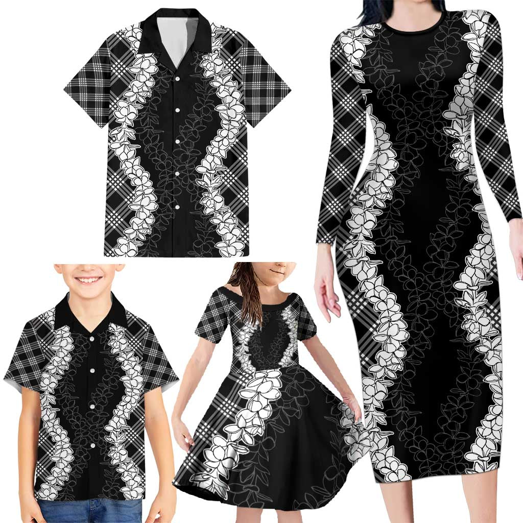 Hawaii Aloha Plumeria Lei Black Palaka Family Matching Long Sleeve Bodycon Dress and Hawaiian Shirt - Polynesian Pride