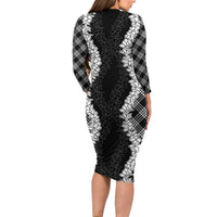 Hawaii Aloha Plumeria Lei Black Palaka Family Matching Long Sleeve Bodycon Dress and Hawaiian Shirt - Polynesian Pride