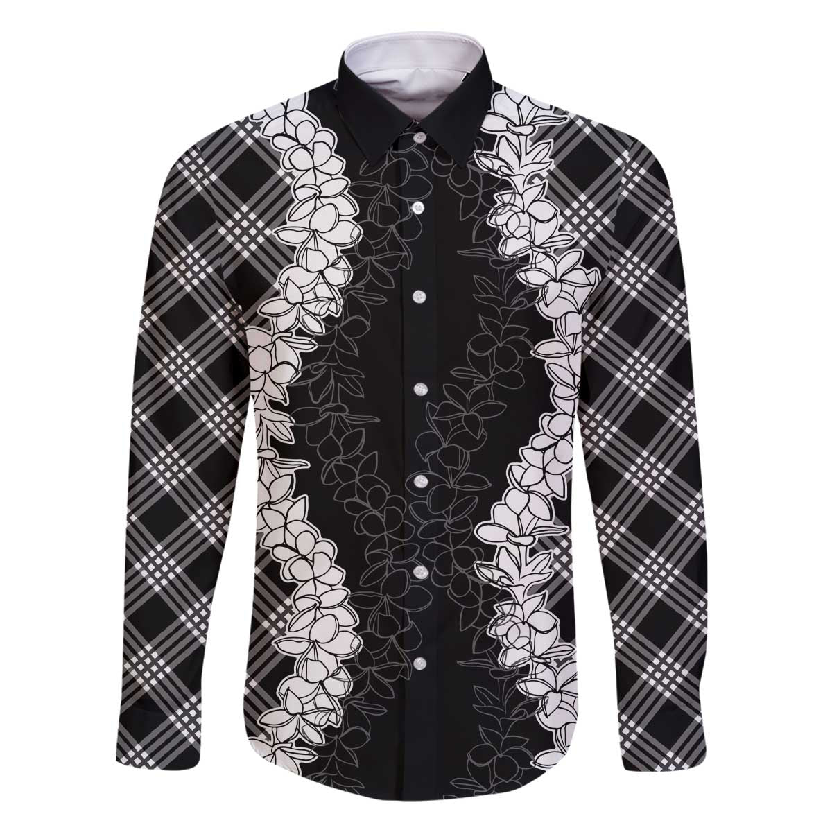 Hawaii Aloha Plumeria Lei Black Palaka Family Matching Off The Shoulder Long Sleeve Dress and Hawaiian Shirt - Polynesian Pride