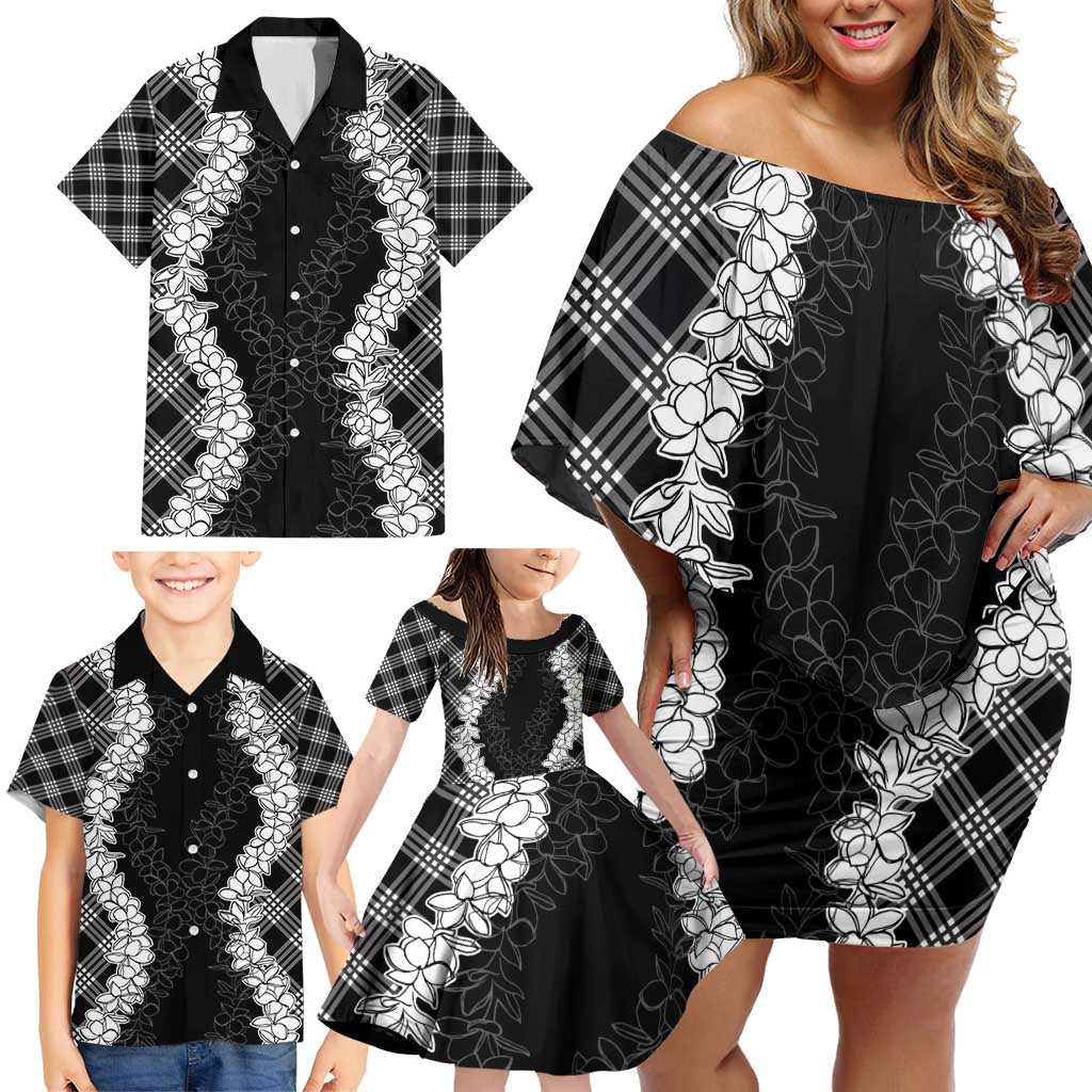 Hawaii Aloha Plumeria Lei Black Palaka Family Matching Off Shoulder Short Dress and Hawaiian Shirt - Polynesian Pride
