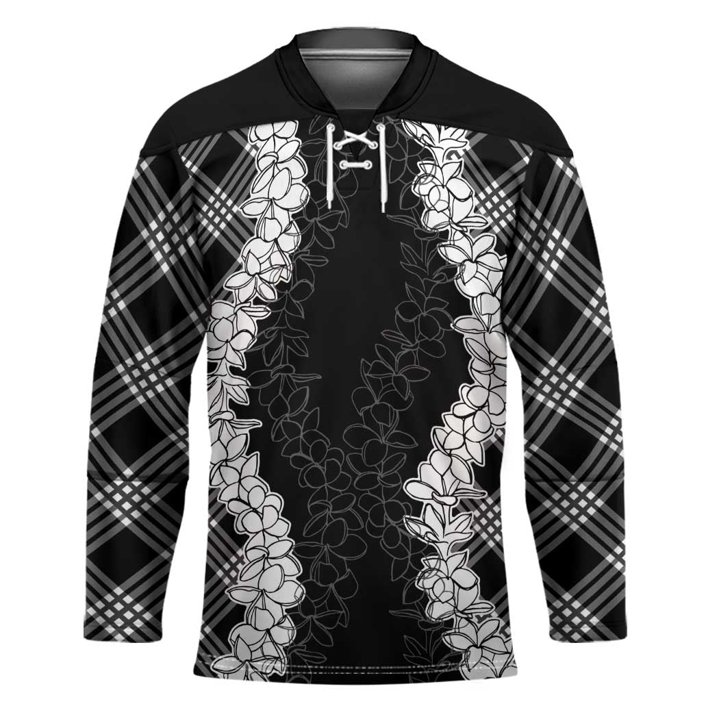 Hawaii Aloha Plumeria Lei Black Palaka Hockey Jersey LT7 Unisex Black - Polynesian Pride