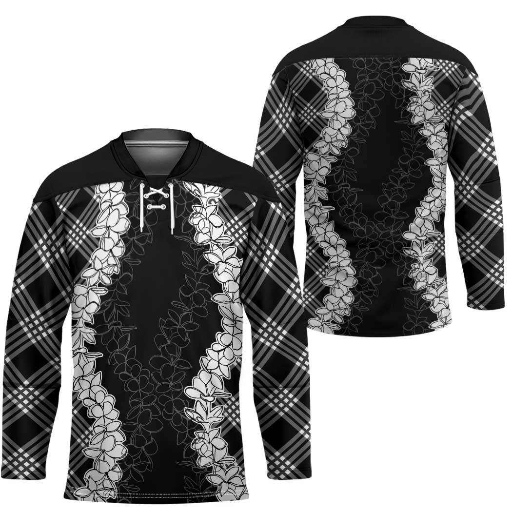 Hawaii Aloha Plumeria Lei Black Palaka Hockey Jersey LT7 - Polynesian Pride