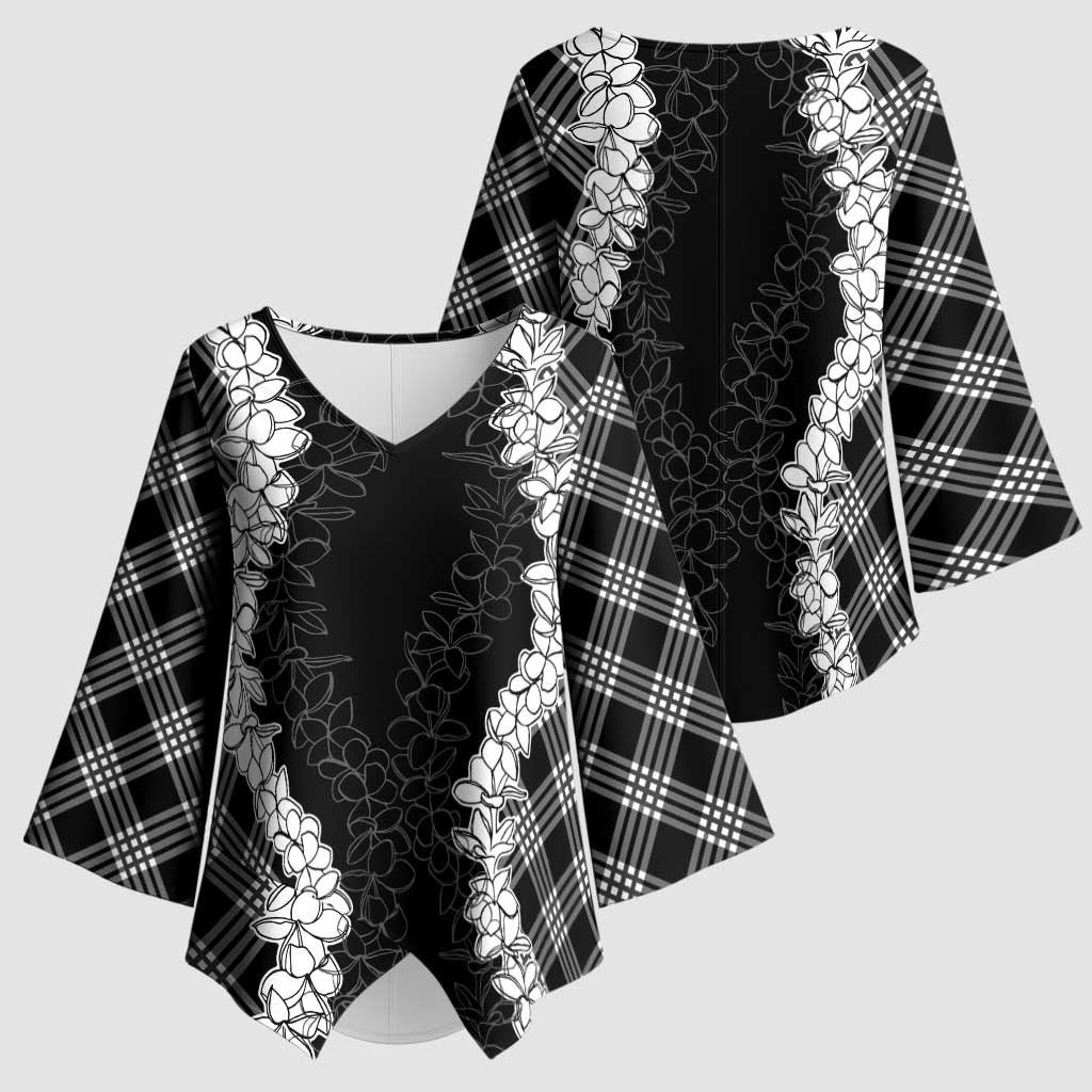Hawaii Aloha Plumeria Lei Black Palaka Kimono Sleeve Blouse - Polynesian Pride