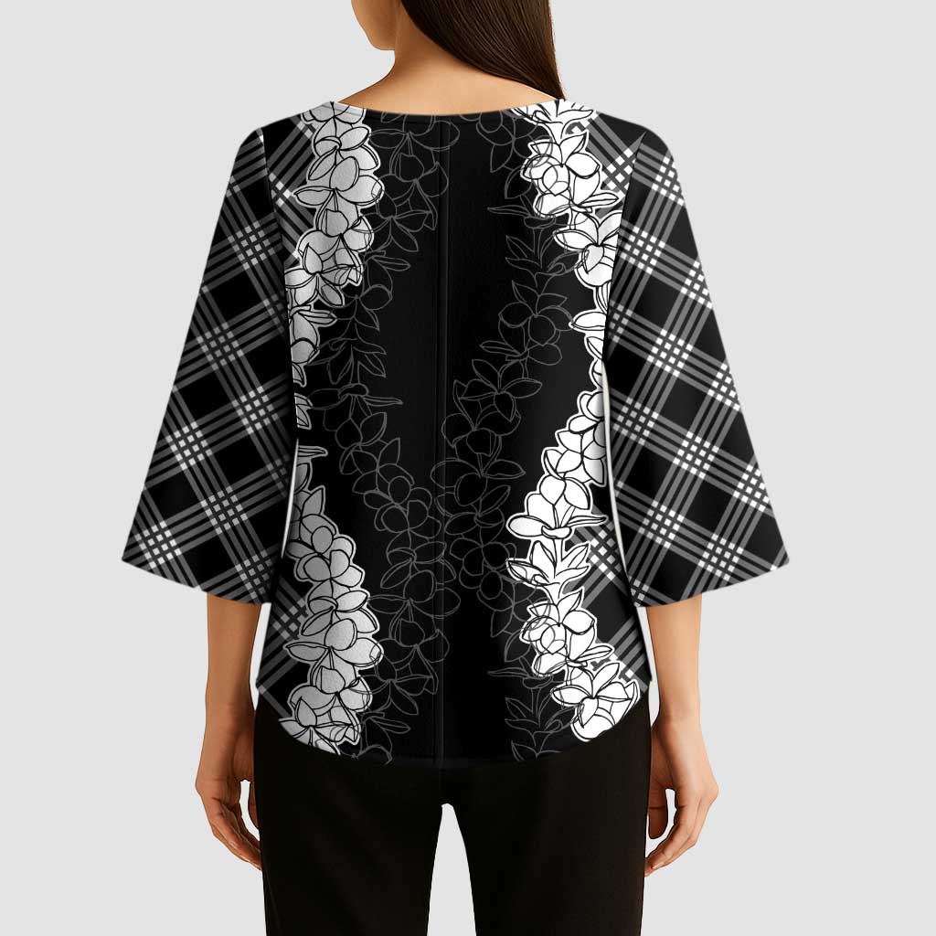 Hawaii Aloha Plumeria Lei Black Palaka Kimono Sleeve Blouse - Polynesian Pride